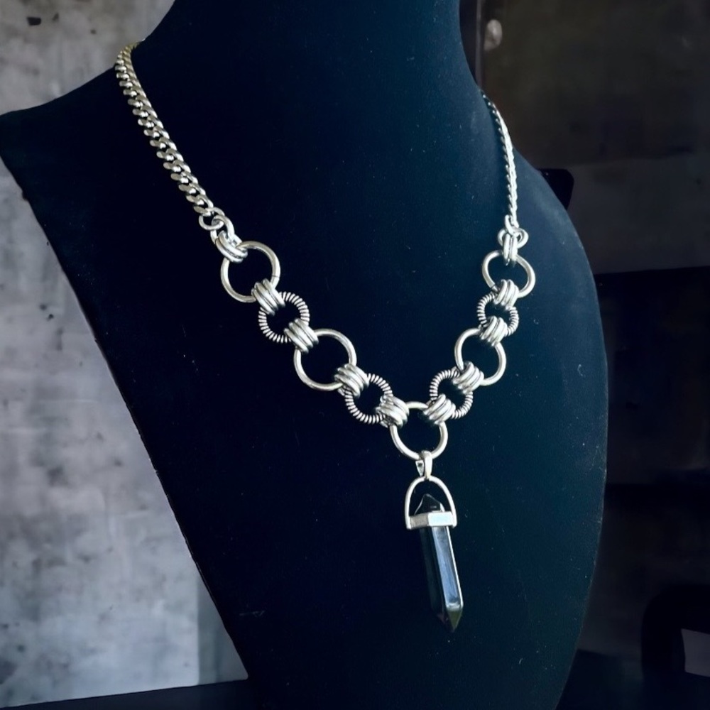 Handmade maille stainless steel cuban chain necklace + black obsidian bullet